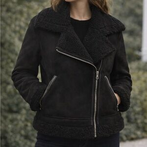 stradivarius Black Faux Suede Shearling Moto Iconic Jacket